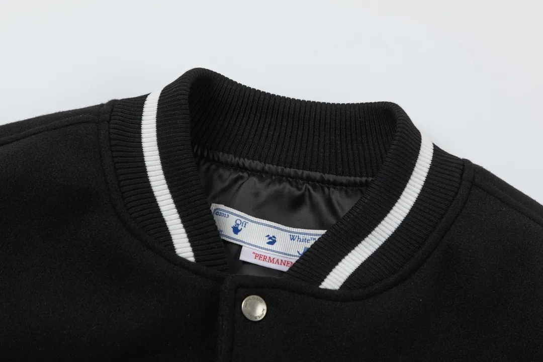 S27#P676, off white 2024 autumn and winter new heavy industry embroidered leather baseball jacket couple style color black size: S M L XL
